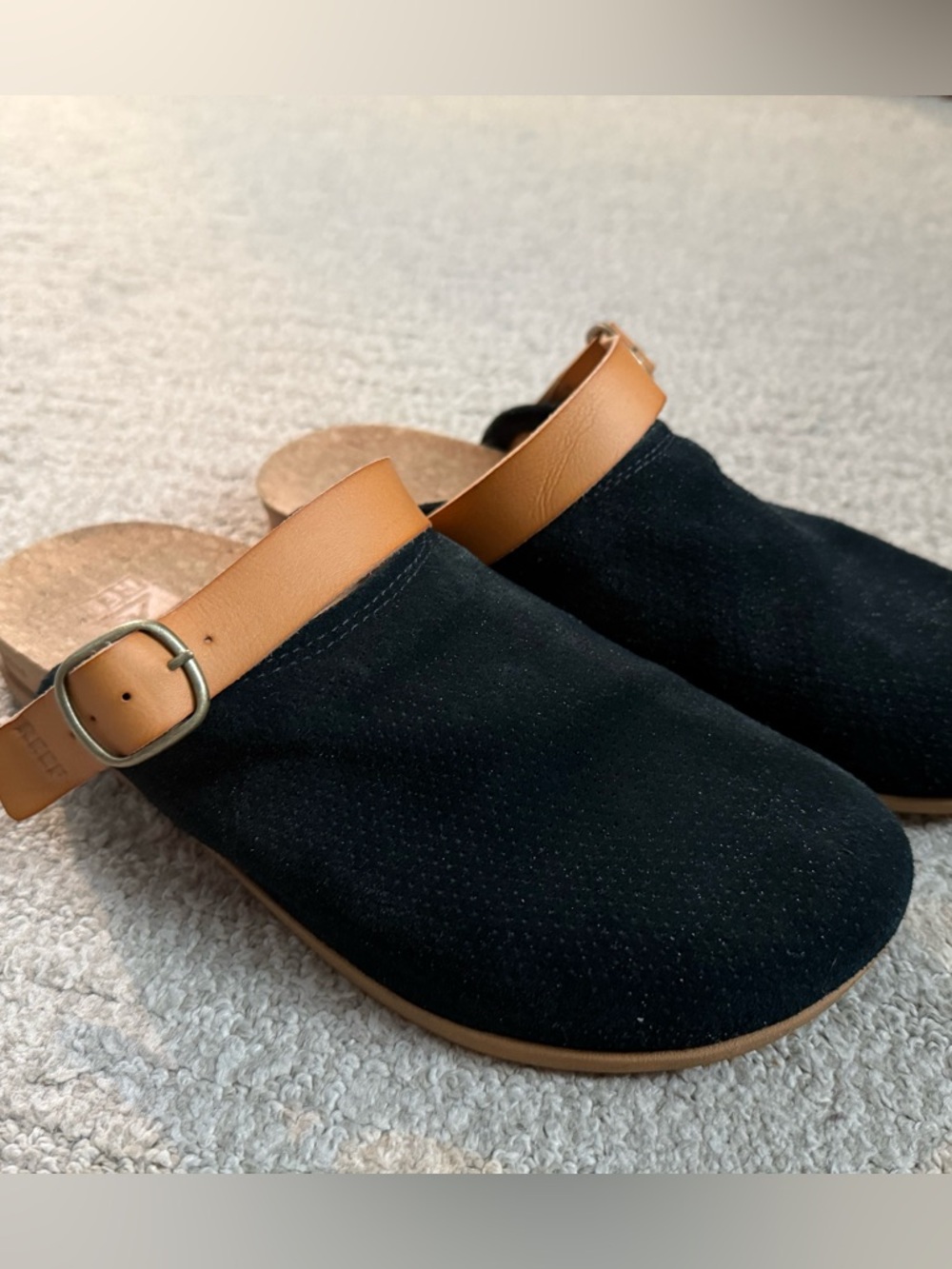 Reef Black Suede Clogs with Tan Leather Strap